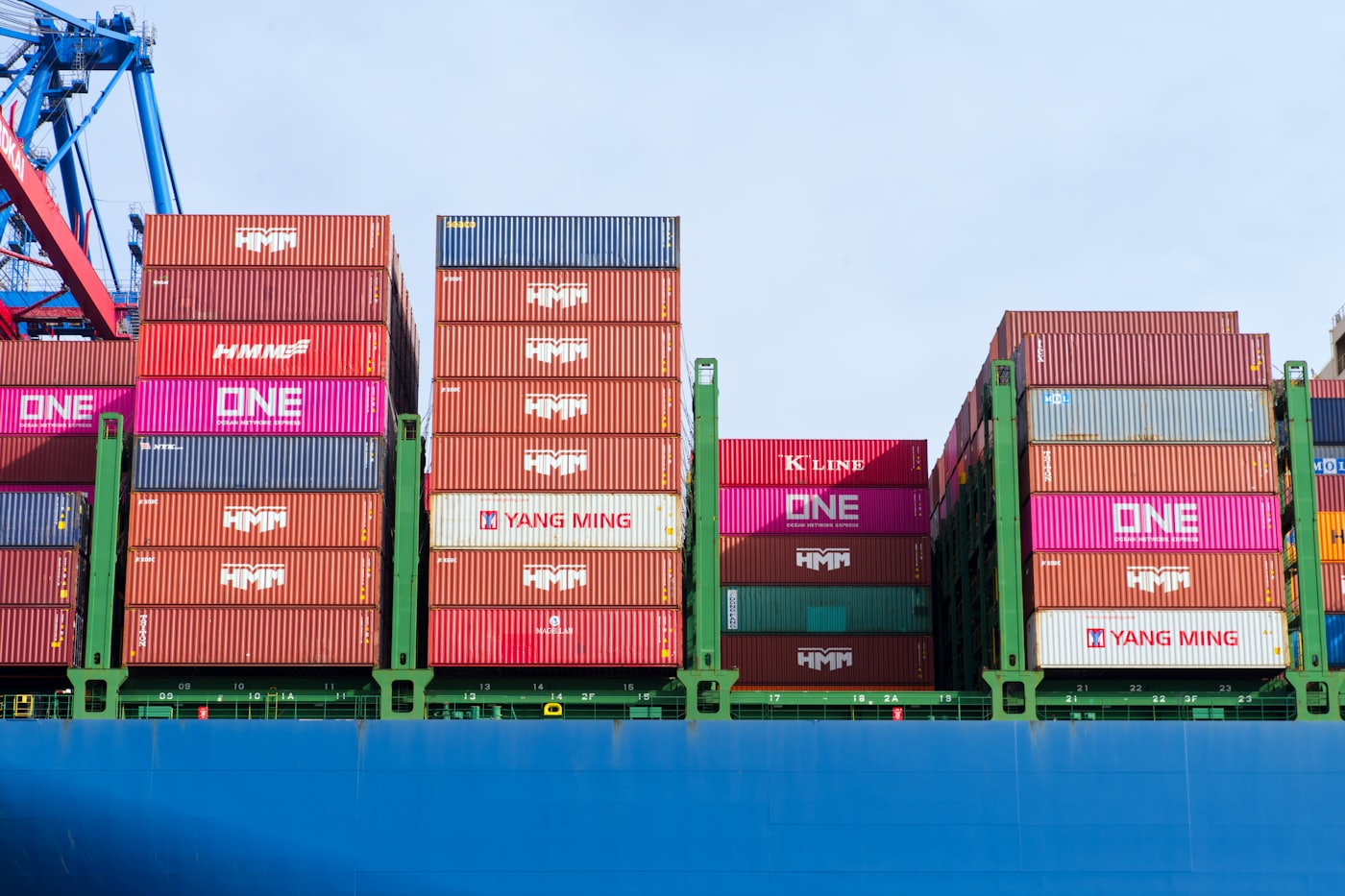 Stacked shipping containers on a cargo vessel